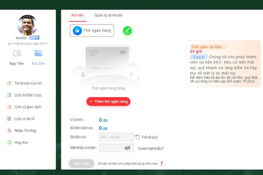 Quy trình rút tiền khỏi tài khoản Bongvip